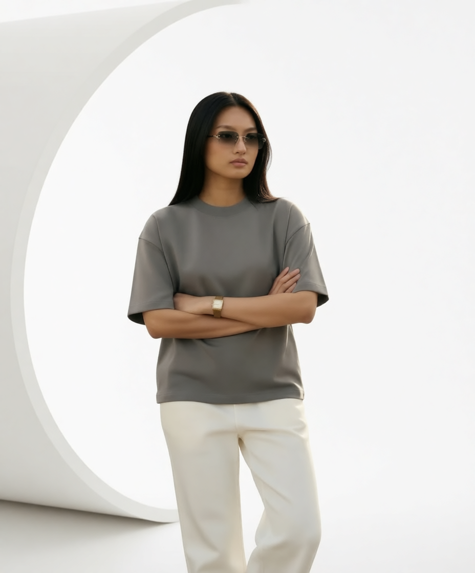 Person wearing a gray t-shirt and white pants with arms crossed against a white background