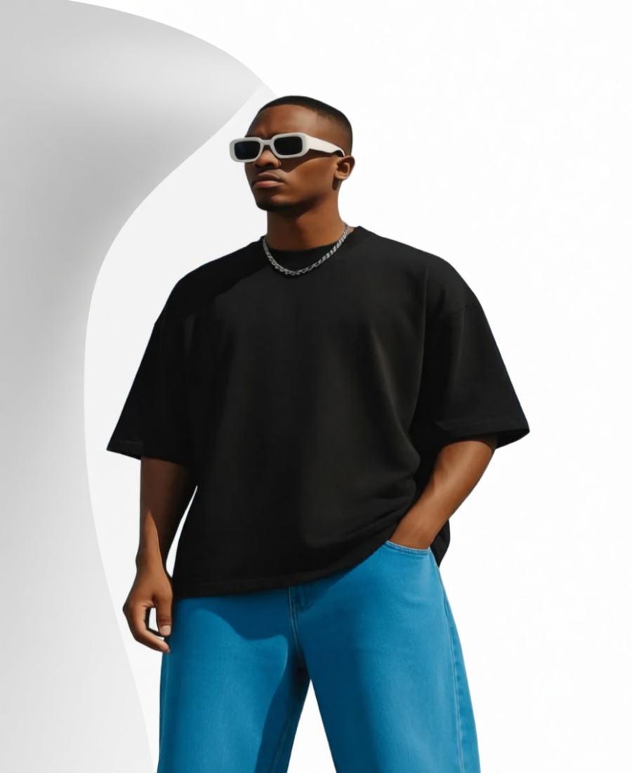 Man wearing a black t-shirt and blue pants with sunglasses on a white background