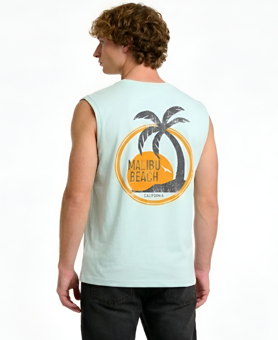 Person wearing a light blue sleeveless shirt with a palm tree design on a white background
