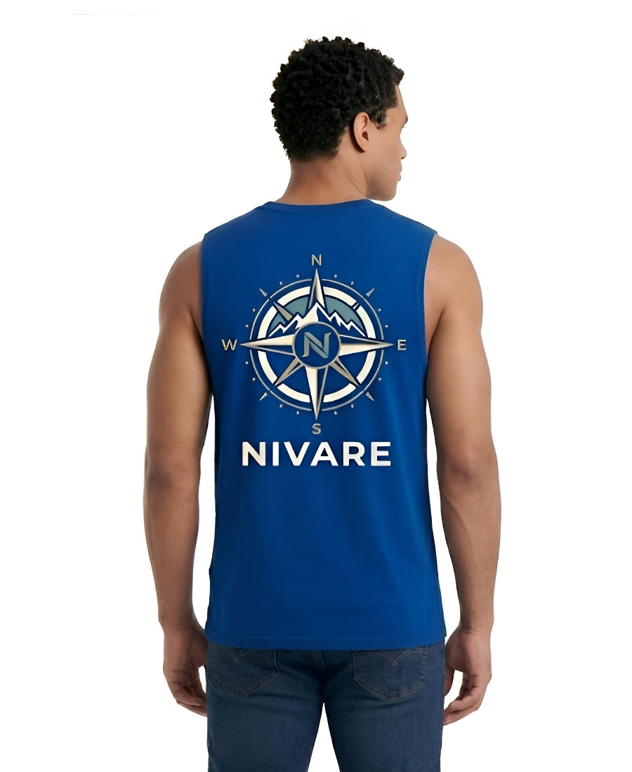 Person wearing a blue sleeveless shirt with 'NIVARE' branding on the back, standing against a white background.