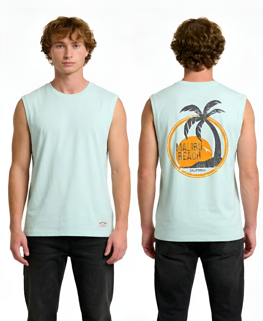 Person wearing a light blue sleeveless shirt with a palm tree design on a white background